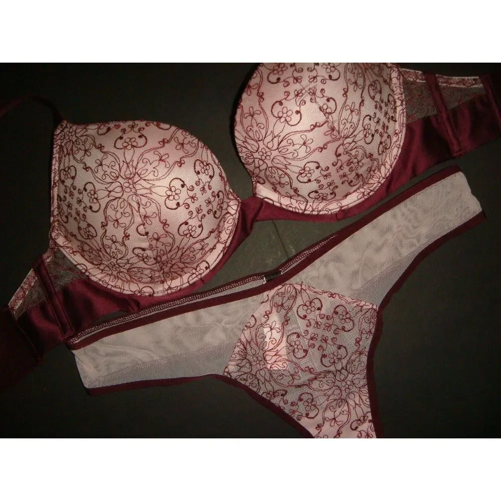 Victoria's Secret 32C BRA SET+garter TEDDY+XS ONE-PIECE pink burgundy maroon red